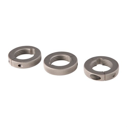 Sinclair Cross Bolt Die Lock Rings i rostfritt stål passar alla standard 7/8-14 reloading dies, med en design utan låsskruv som skyddar gängorna.