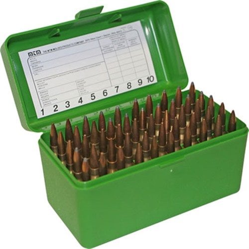 MTM CASE-GARD ammo box är tillverkad av okrossbar polypropylene, har en mekanisk gångjärn som håller i 25 år och skyddar innehållet med en Snap-Lock-lås.