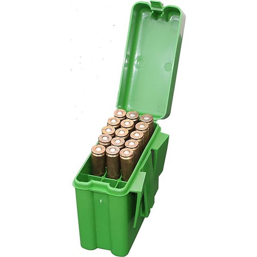 Denna BELT STYLE RIFLE AMMO BOX rymmer 20 patroner, skyddar mot smuts och fukt, och har en Snap-Lok-lås för säker förvaring och enkel åtkomst.