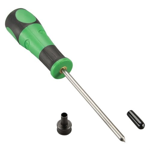 RCBS Flash Hole Deburring Tool tar bort burrs inne i flash hole för att förhindra oregelbunden tändning. Självcentrerande pilot och justerbar stopp för enkel användning.