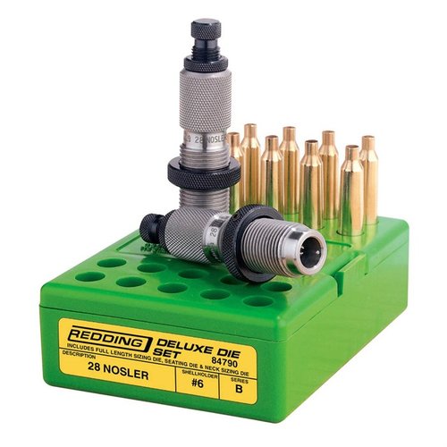 Redding Deluxe 3-DIE SETS erbjuder fullängdssizing, standard seating och neck sizing dies, tillverkade av högkvalitativt stål för långvarig precision och hållbarhet.
