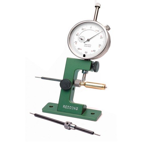 Redding Case Neck Gage med indikator sorterar snabbt och exakt hylsor efter koncentriskhet, med noggrann mätning och CNC-bearbetade pilotstopp.