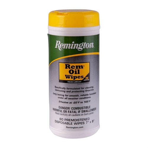 REM OIL WIPES 60-pack tränger in i metallens porer, skyddar mot rost och slitage, och är perfekta för att rengöra ditt vapen efter en dag i fält.