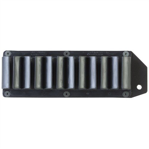 Lättvikts nylon shell holder för Remington 870/1100/1187, fästs utan modifiering, rymmer 6 patroner för snabb omladdning och har fönster för serienummer.