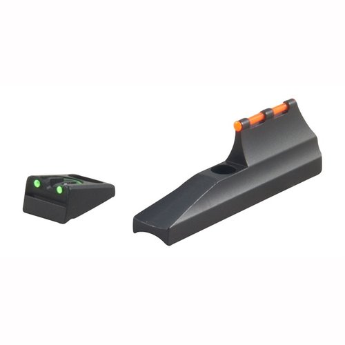 Fiber optic U-Notch baksikte för förbättrad synlighet, justerbart för vind och höjd, med en kontrasterande röd framsikte för snabb inriktning.